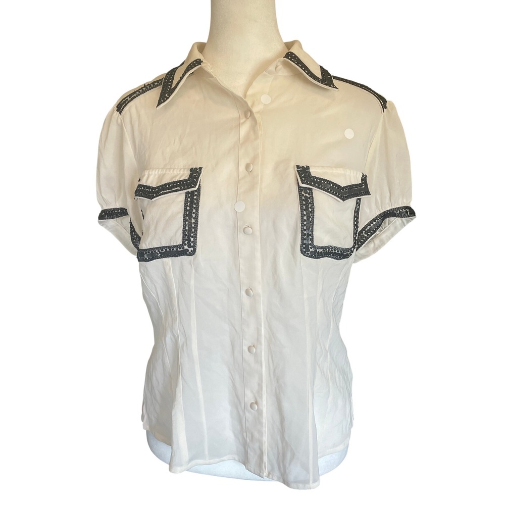 Bebe Womens Y2K Silk Sequin Trim Western Cowgirl Button Down Shirt Glam Large